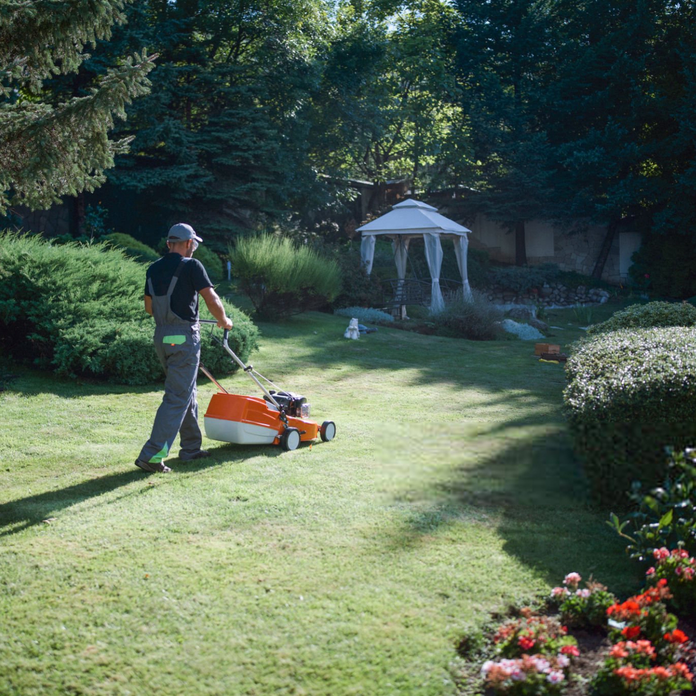 Unrecognizable landscaper cutting meadow with machine grass cutter in the garden.